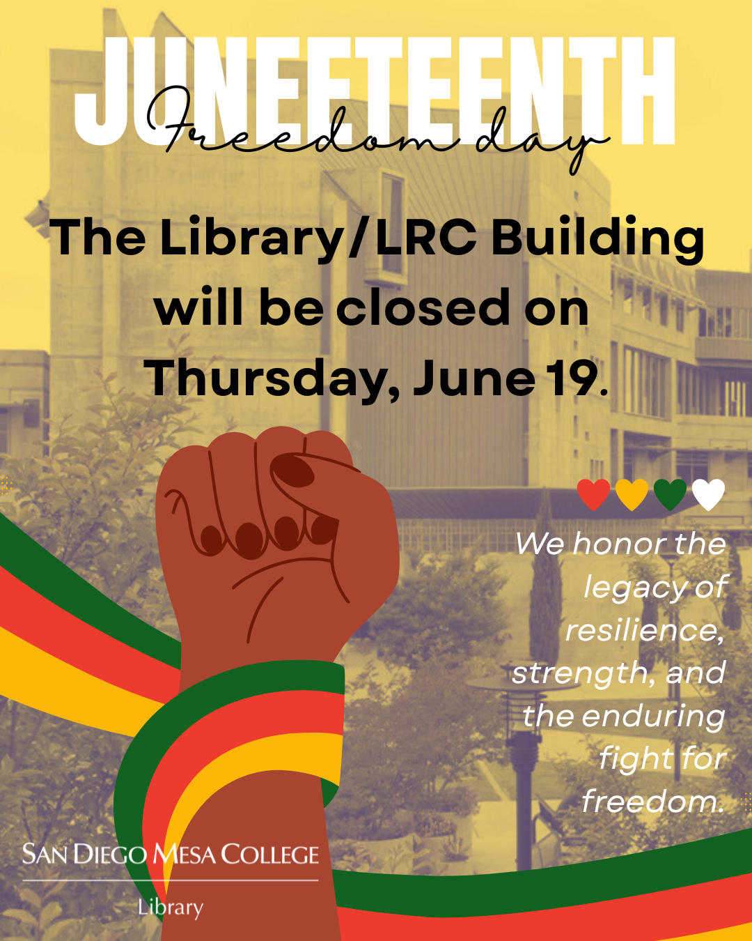 LRC Building with fist in the air