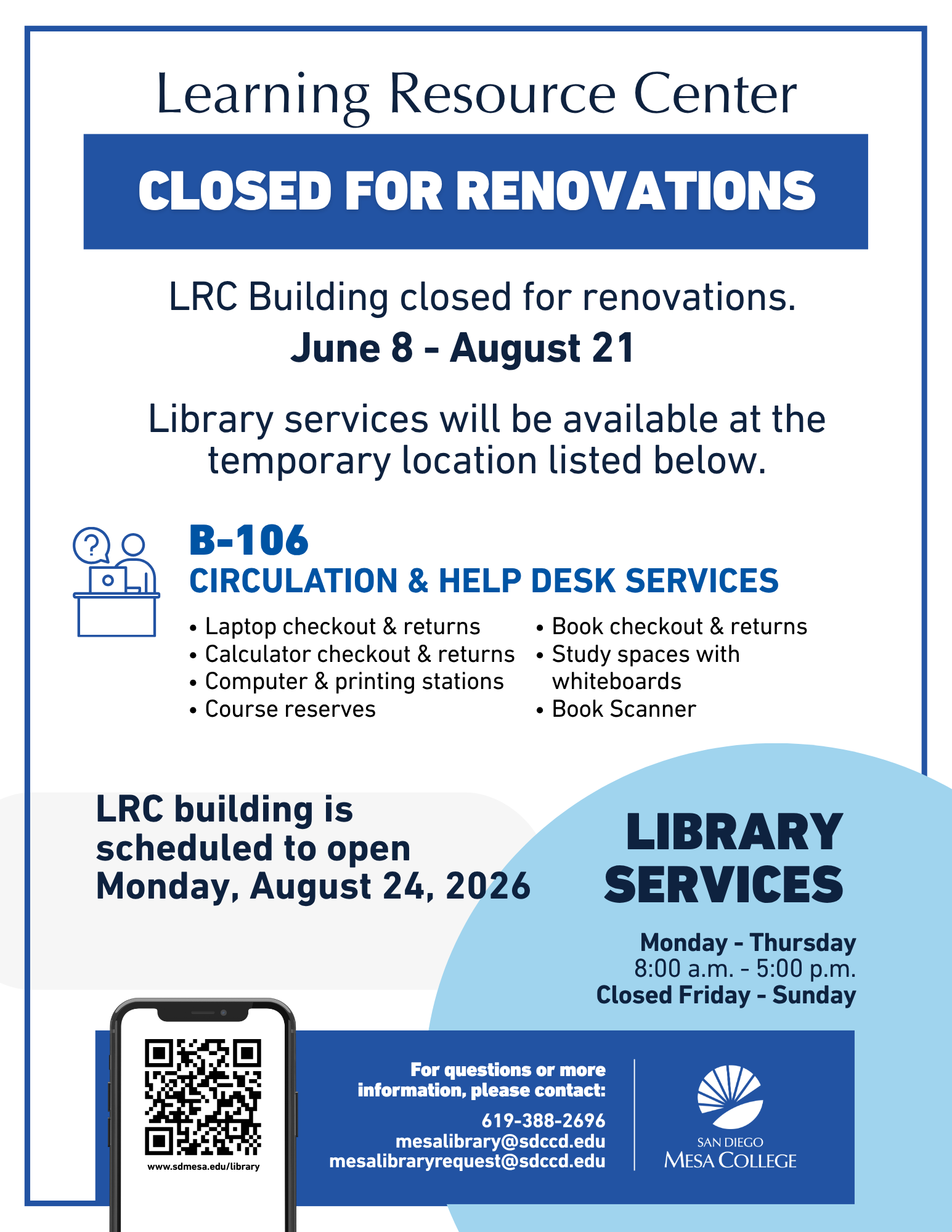 Library Hours for August 10-21, 2026