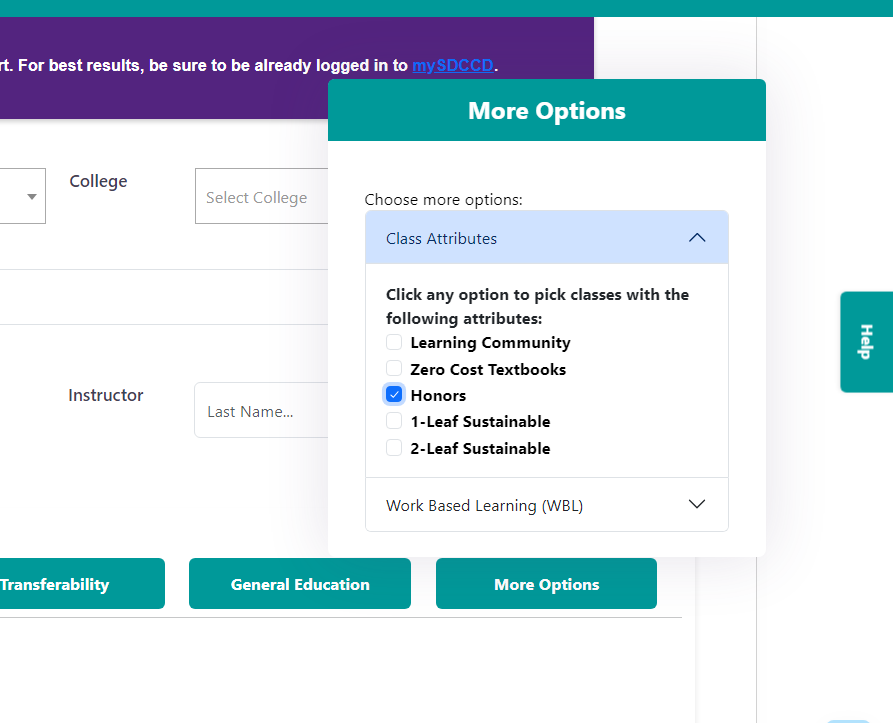 How to select an Honors course Image of the "class Atrributes" options under the "More Options" tab.