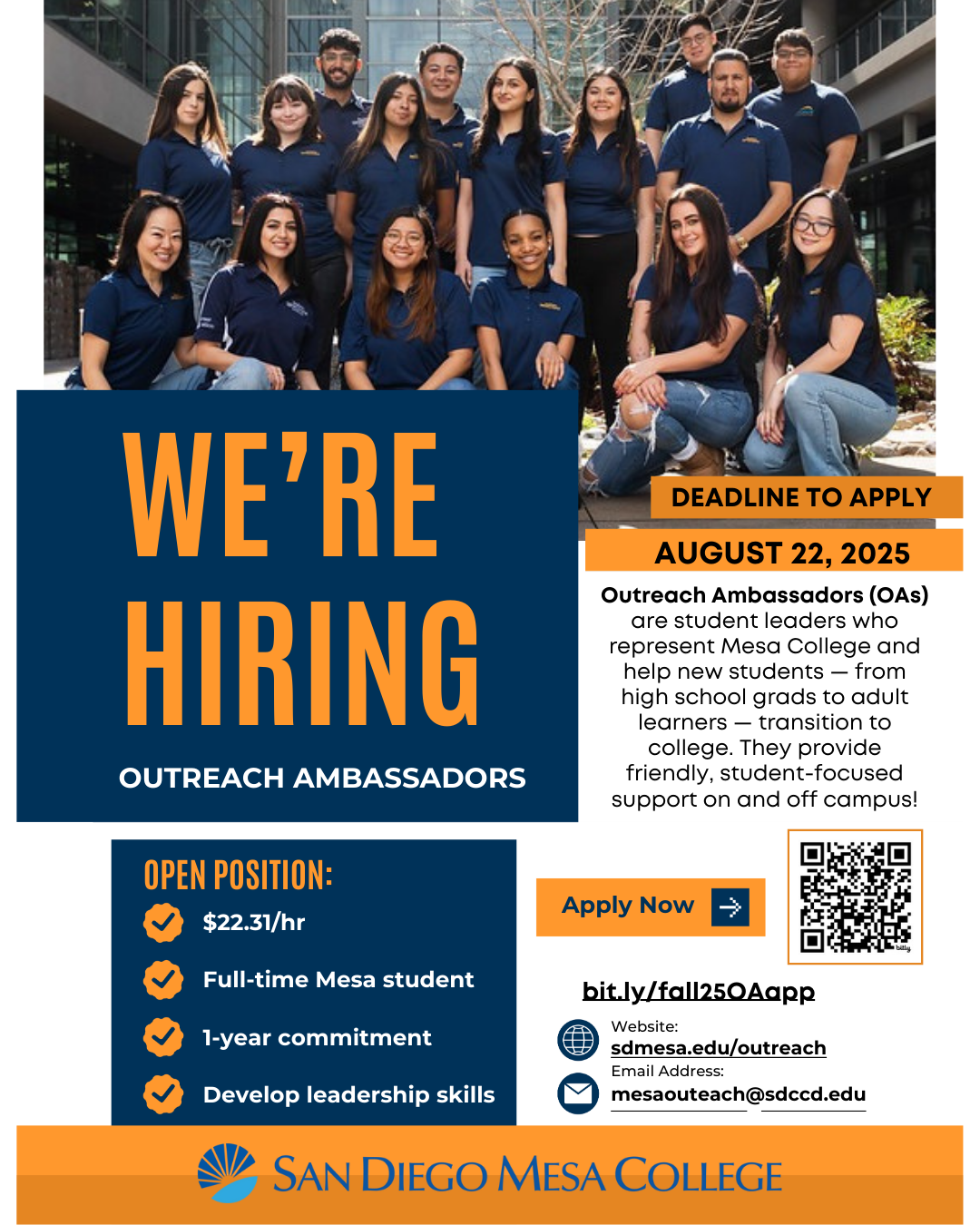 Flyer for the 2025-2026 school year promoting hiring of Outreach Ambassadors.